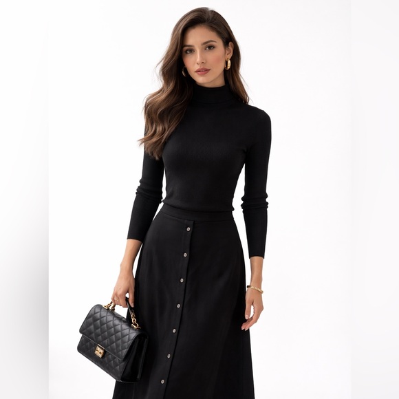 Theory Dresses & Skirts - Theory LS Combo Dress Black Sweater Rib Knit Silk Shirt Tail Midi Size S NWT